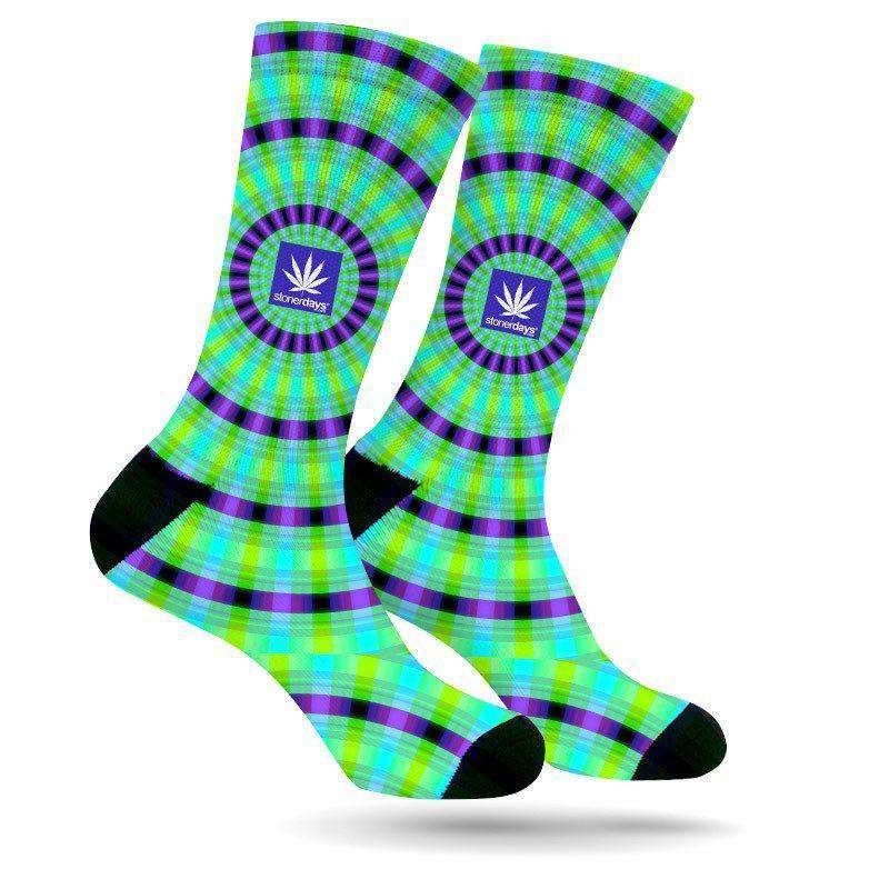 PURP AND GREEN TRIPPY WEED SOCKS (UV REACTIVE)